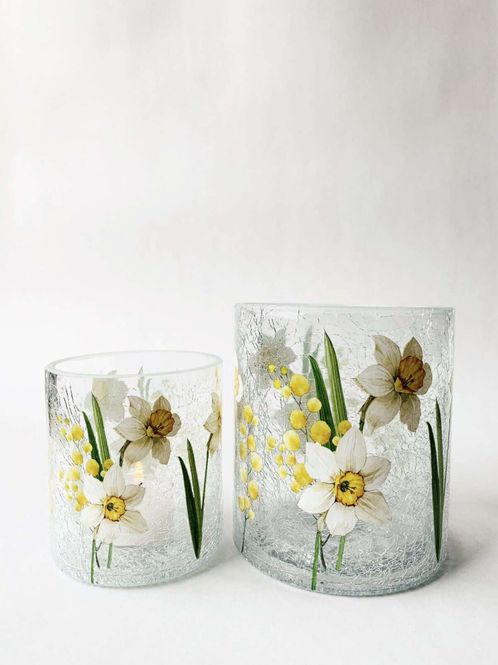 Hovedbilde Lysglass krakelert påskeliljer 9x10 cm