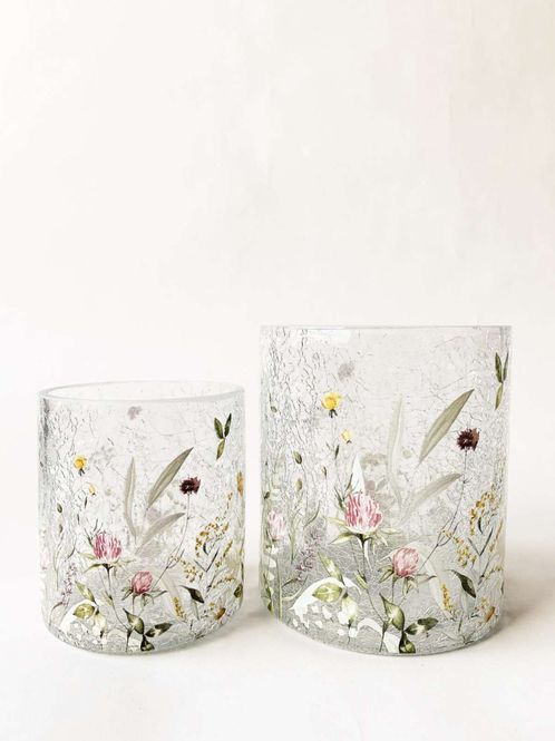 Hovedbilde Lysglass krakelert blomstereng rosa/gul 9×10 cm