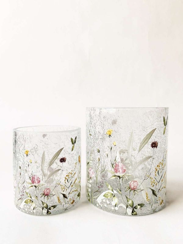 Lysglass krakelert blomstereng rosa/gul 9×10 cm