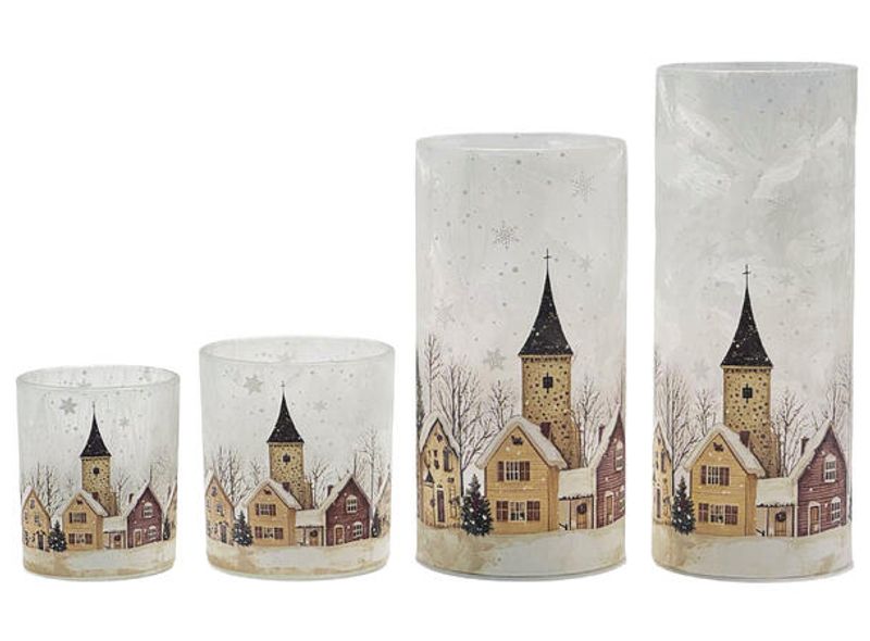 Lysglass frostet Juleby 8x9cm