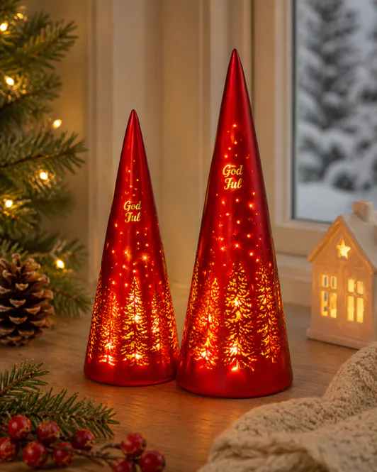 Hovedbilde Lyslykt LED God Jul tre rød kjegle 25cm