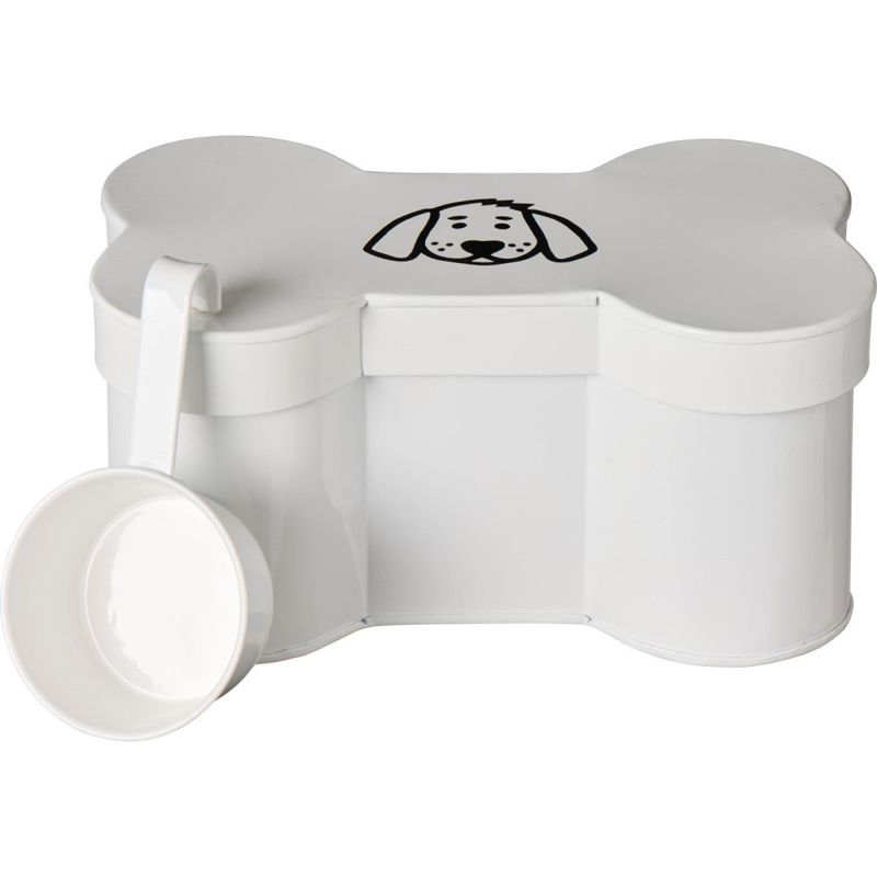 Boks formet som et kjøttbein med hundemotiv og målebeger