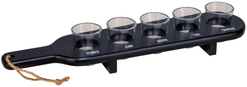 Shotglass planke sort m/tekst og 5 glass