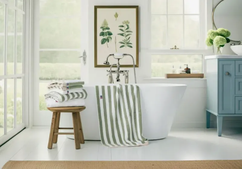 Blokkstripet håndkle, vintage grønn/hvit/moonbeam 30x50