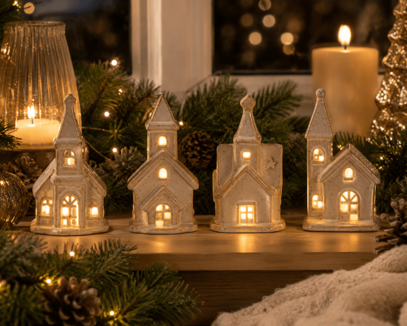 Kirke beige porselen LED h:11cm Ass.