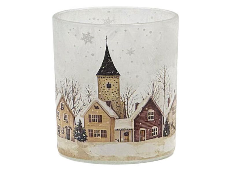 Lysglass frostet Juleby 8x9cm