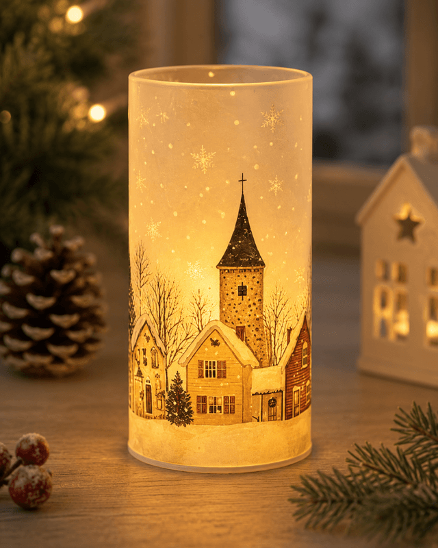 Lyslykt LED frostet Juleby 8x16cm